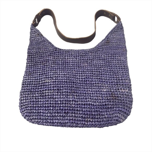 J.JILL Woven Straw Shoulder Bag Blue Boho Hobo Tote Leather Strap - Picture 5 of 10